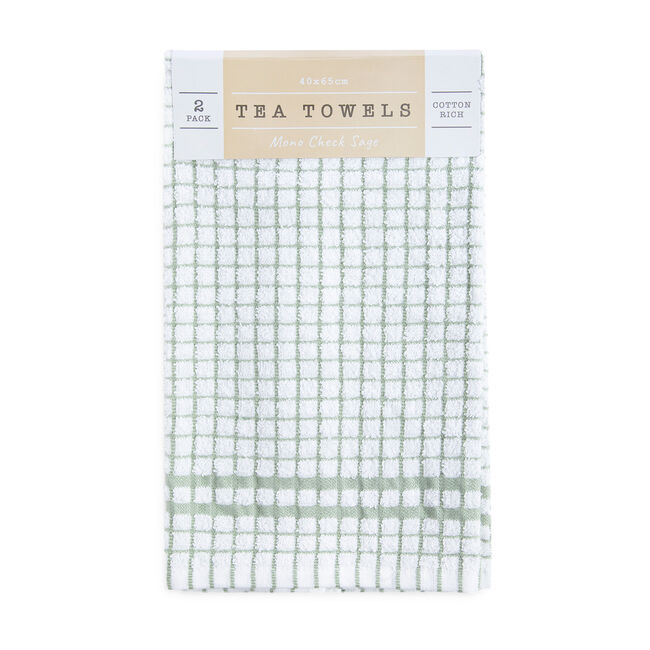 Mono Check Tea Towel 2 Pack - Sage